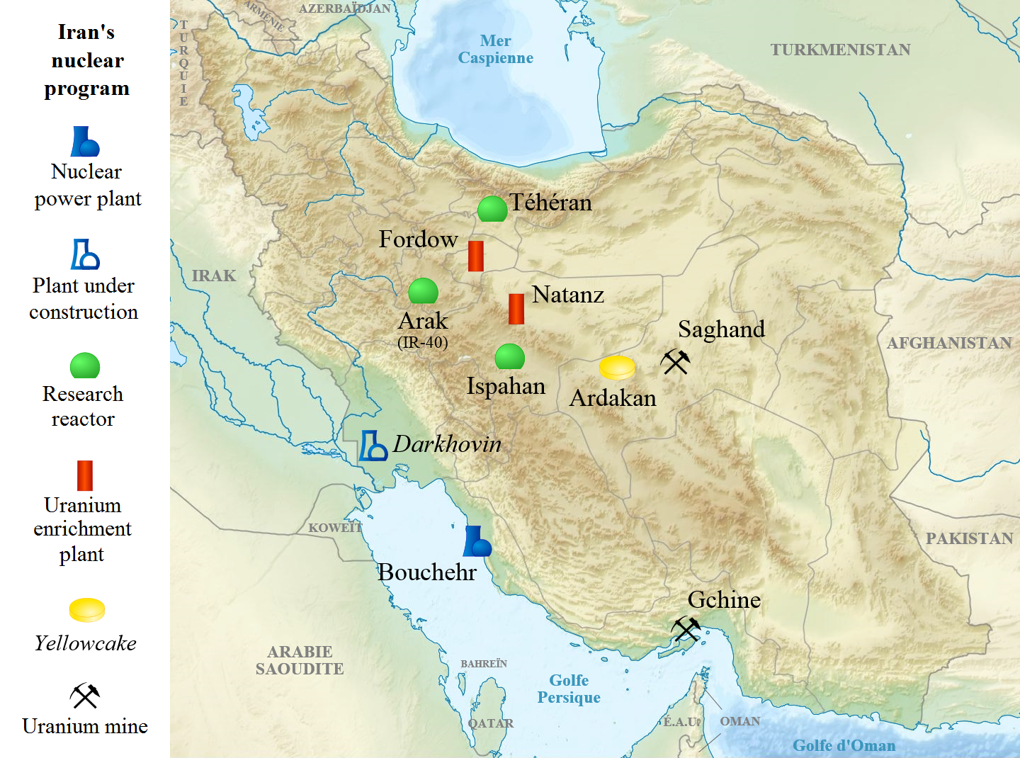 Carte des principales installations nucléaires du régime des Mollahs
