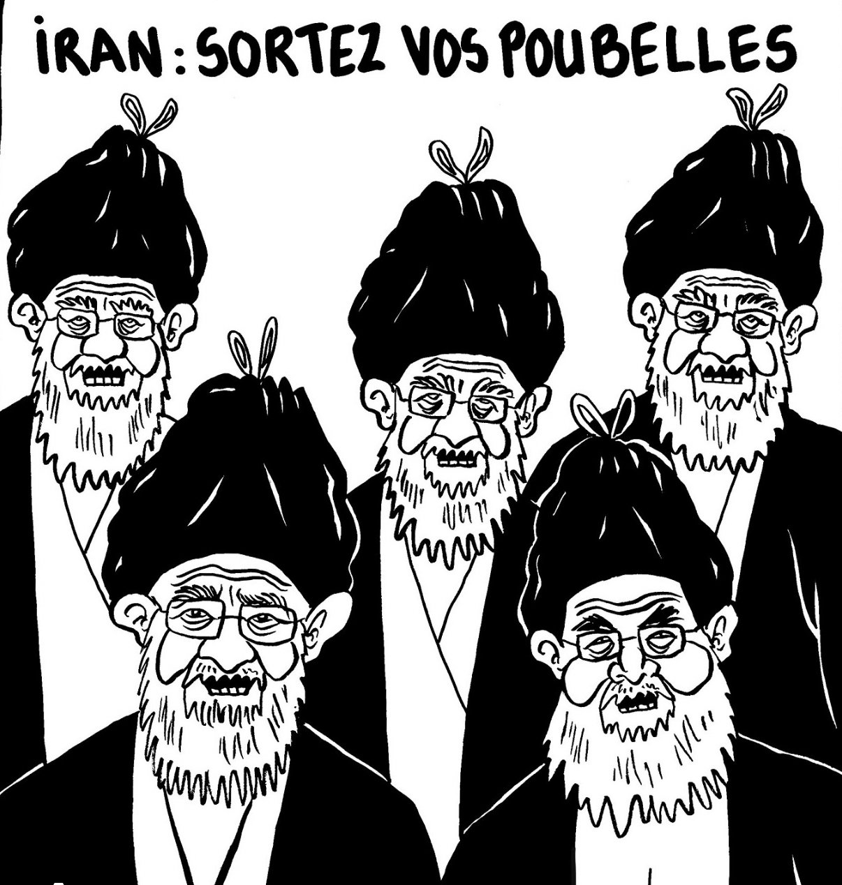 Caricature : cinq mollahs aux turbans en sacs poubelle