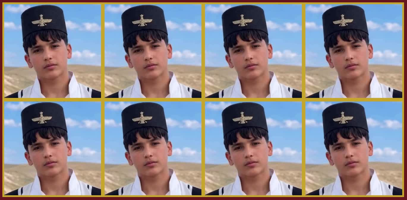 Sahand Naseri, jeune Bakhtiari au chapeau noir frappé du Farvahar doré — mosaïque hommage