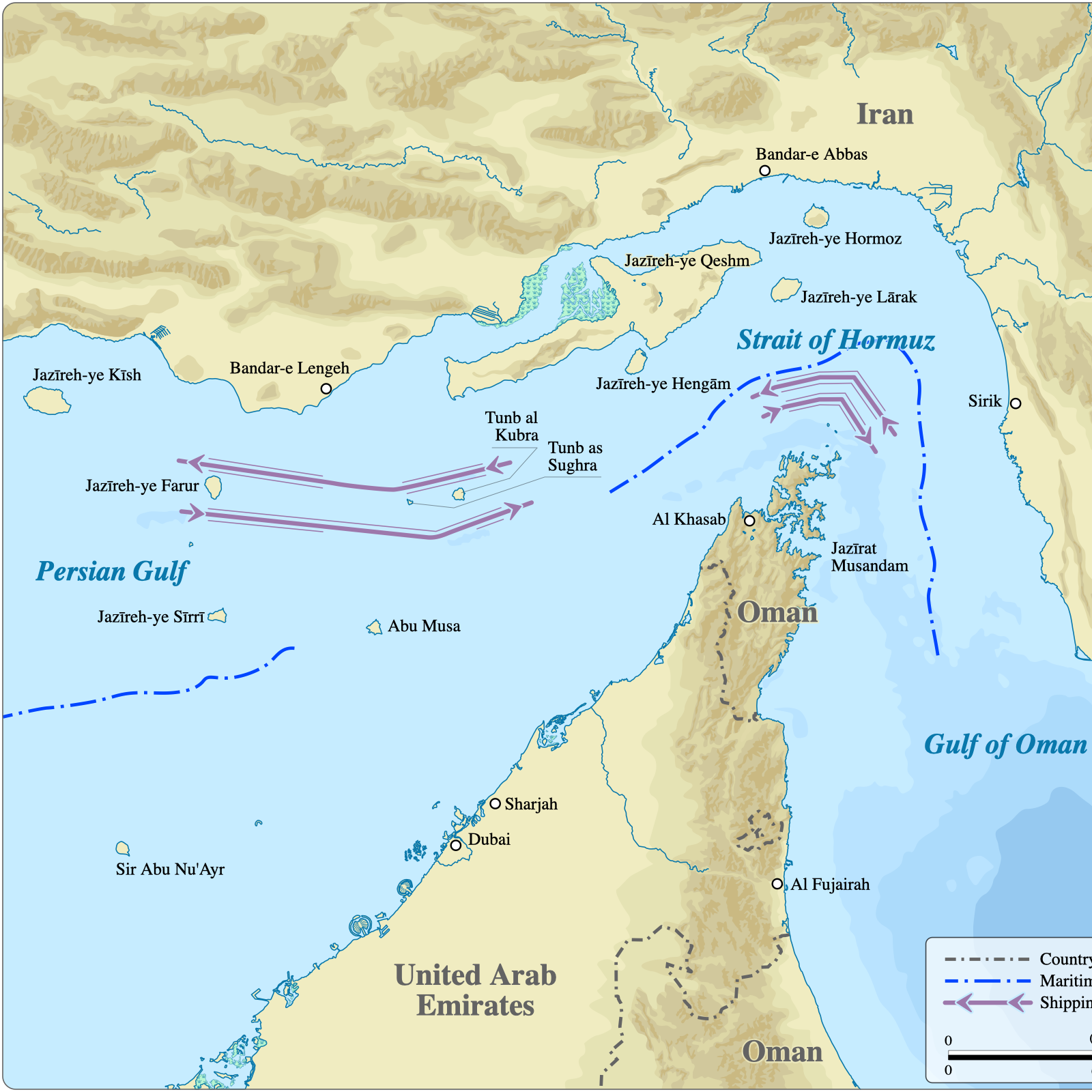 Carte du détroit d'Ormuz, du golfe Persique et des îles iraniennes