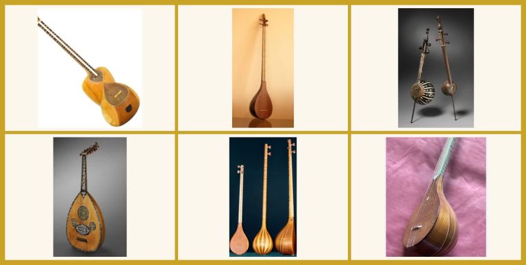 Mosaïque des instruments de la musique savante iranienne : tar, setar, kamanche, barbat