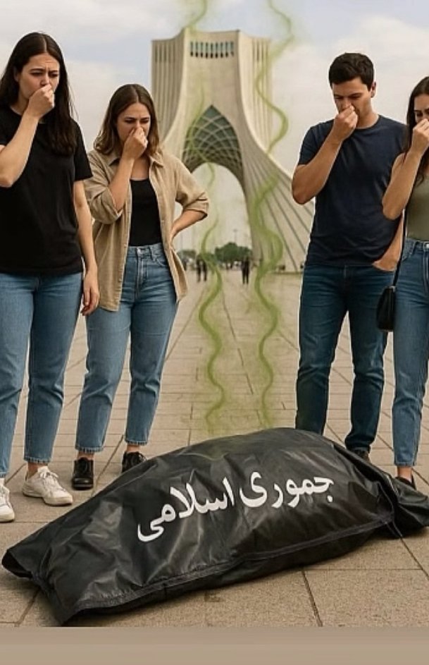 Montage : un sac-poubelle « République islamique » devant la tour Azadi
