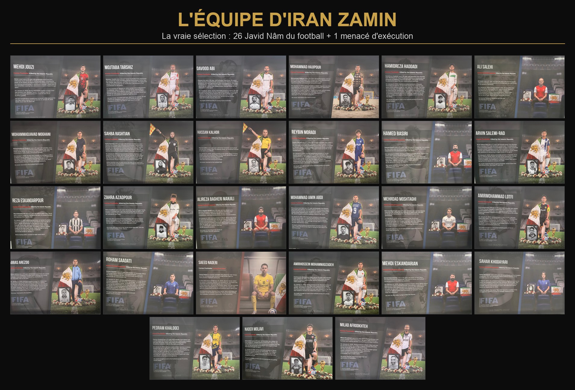 La vraie équipe d'Iran Zamin — 27 sportifs et supporters tombés ou menacés